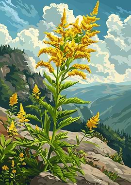 Goldenrod in Mountain Landscape Illustration