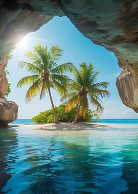 Tropical Island View from Cave Entrance