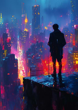 Cyberpunk Cityscape with Figure on Rooftop