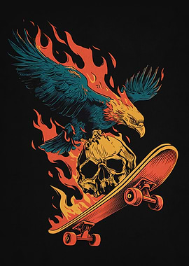 Eagle, Skull, and Skateboard on Fire