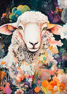 Sacred Sheep in Bloom - Psychedelic Floral Field Art