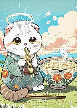 Cute Cat Eating Ramen
