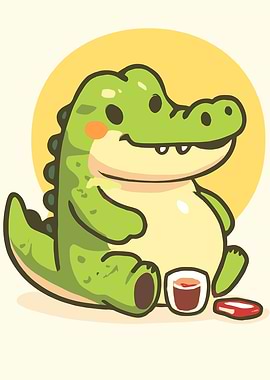 Cartoon Alligator with Sushi and Tea