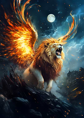 Winged Lion Roaring Under Moonlight