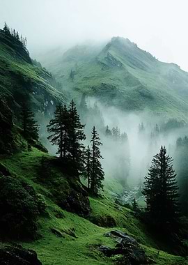 Misty Green Mountain Landscape