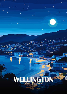 Wellington New Zealand Night Cityscape Poster