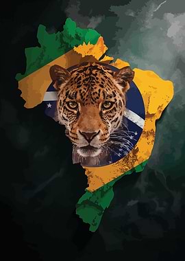 Jaguar Brazil Flag Map Art