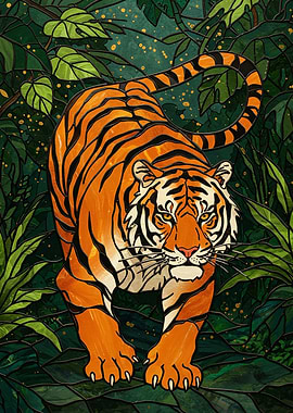 Tiger in Jungle Stained Glass Style