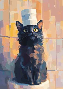 Black Cat with Chef Hat Painting