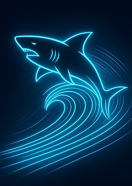 Blue Neon Shark Leaping from Wave