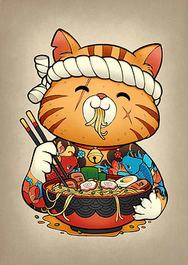 Tattooed Cat Eating Ramen