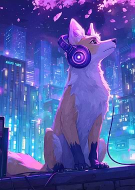 Fox with Headphones in Cyberpunk City