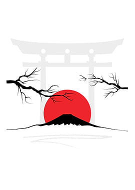 Japanese Landscape with Torii Gate and Sun