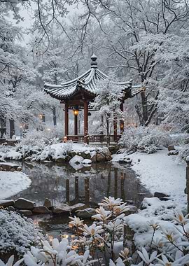Snowy Japanese Garden with Pagoda