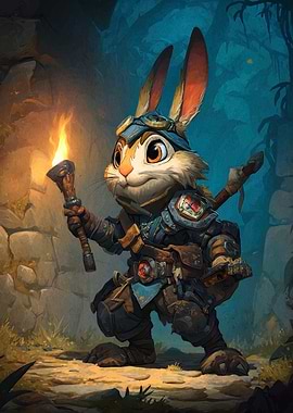 Adventurous Rabbit with Torch in Cave