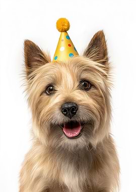Norwich Terrier Dog with Party Hat Portrait