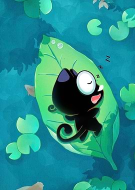 Sleeping Black Cat on Lily Pad