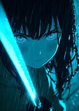 Anime Girl Glowing Sword in Rain