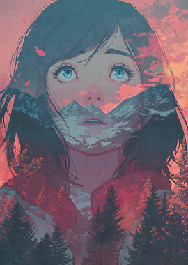 Anime Girl with Mountain Landscape Overlay
