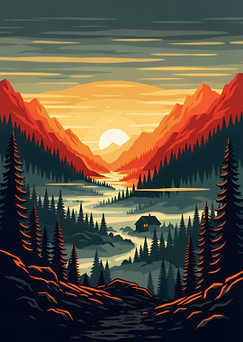 Mountain Landscape with Cabin at Sunset