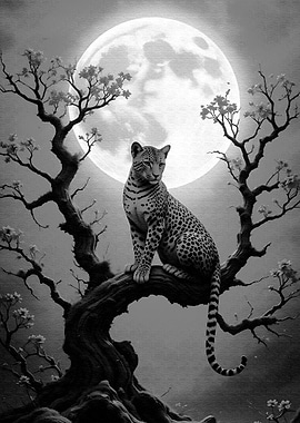 Leopard in Tree Under Full Moon