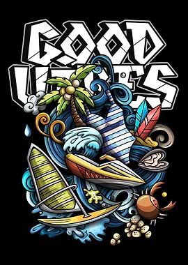 Good Vibes Beach Cartoon Illustration