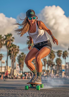 Woman skateboarding on beach boardwalk