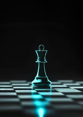 Neon Blue Chess King on Checkered Board