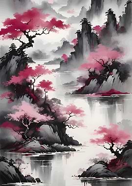 Pink Blossom Asian Landscape Painting
