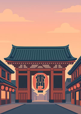 Japanese Gate with Lantern Illustration