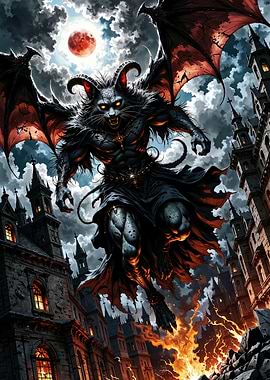 Winged Demon Cat Over Burning City