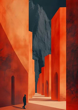 Abstract Orange Architecture with Figure