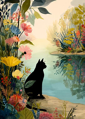 Black Cat in Floral Landscape