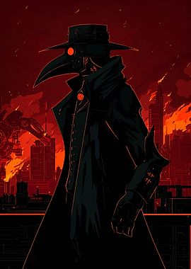 Plague Doctor in Burning Cityscape