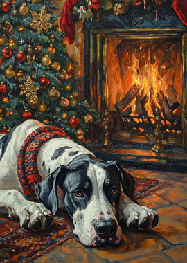 Great Dane in Holiday Art | Christmas Dog by Fireplace Painting