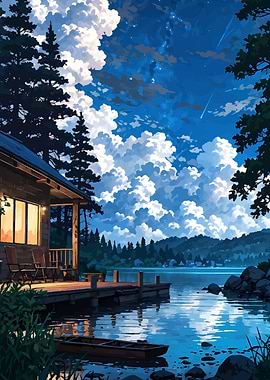 Lakeside Cabin at Night