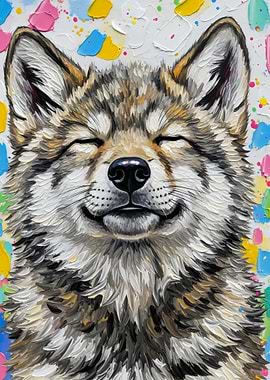 Smiling Wolf Portrait with Colorful Background