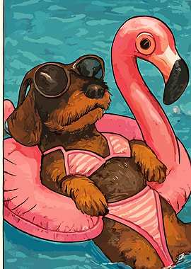 Dachshund with flamingo float in pool