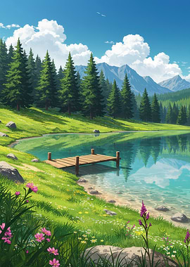Scenic Lake with Dock and Mountains