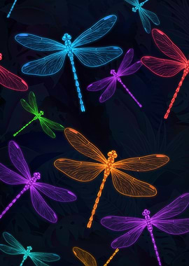 Colorful Dragonflies Pattern on Dark Background