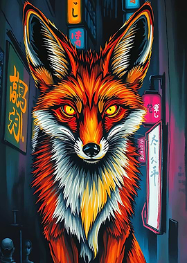 Fox in Neon Japanese Cityscape