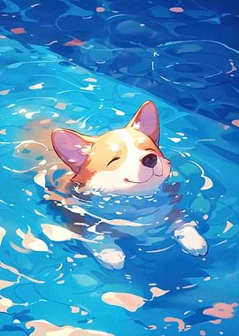 Happy Corgi Swimming Water