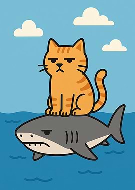 Funny Stoic Cat Riding a Shark