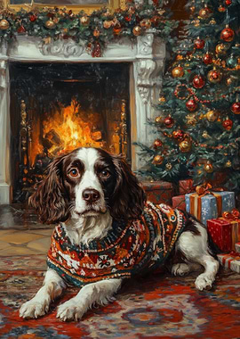 English Springer Spaniel by Fireplace | Dog in Sweater Christmas Art