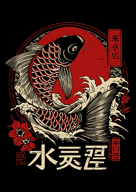 Koi Fish Illustration with Japanese Elements