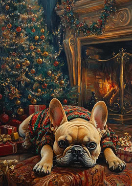Christmas Bulldog by Fireplace Painting | Holiday Dog Wall Art