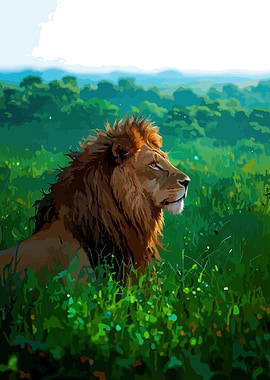 Lion in Green Field Illustration