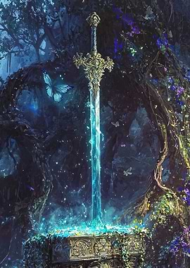 Enchanted Sword in Forest Clearing