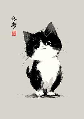 Cute Black and White Kitten Illustration