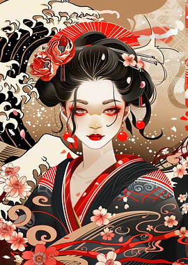 Geisha Portrait with Floral and Wave Motifs